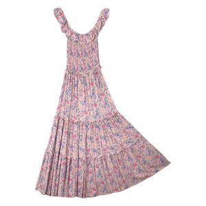 NWOT ABEL THE LABEL Dress XS Floral Pink Maxi Smocked Tiered Off Shoulder Multi